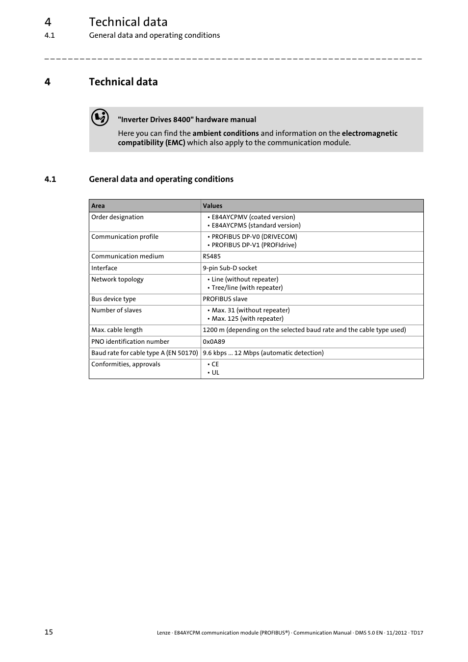 4 technical data, 1 general data and operating conditions, Technical data | General data and operating conditions, 4technical data | Lenze E84AYCPM User Manual | Page 15 / 115
