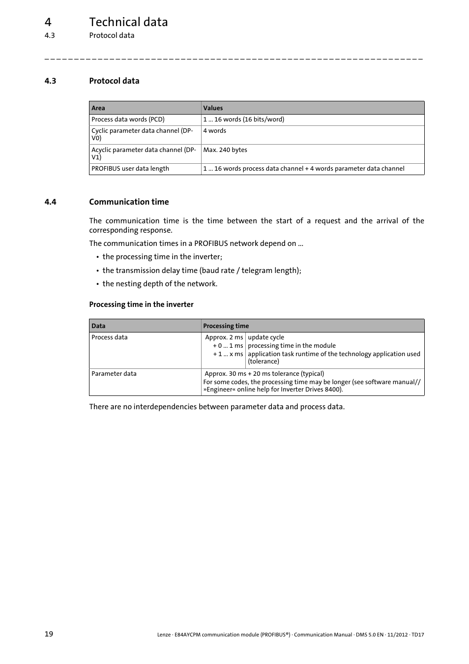 3 protocol data, 4 communication time, Protocol data | Communication time, 4technical data | Lenze E84AYCPM User Manual | Page 19 / 115
