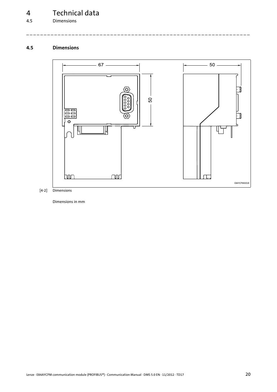 5 dimensions, Dimensions, 4technical data | Lenze E84AYCPM User Manual | Page 20 / 115