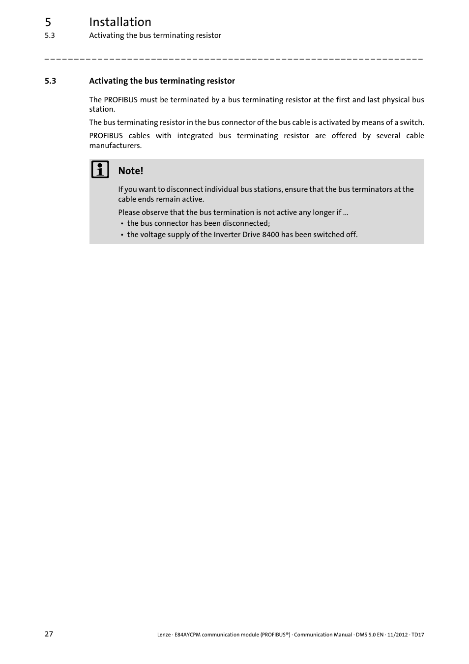 3 activating the bus terminating resistor, Activating the bus terminating resistor, 5installation | Lenze E84AYCPM User Manual | Page 27 / 115