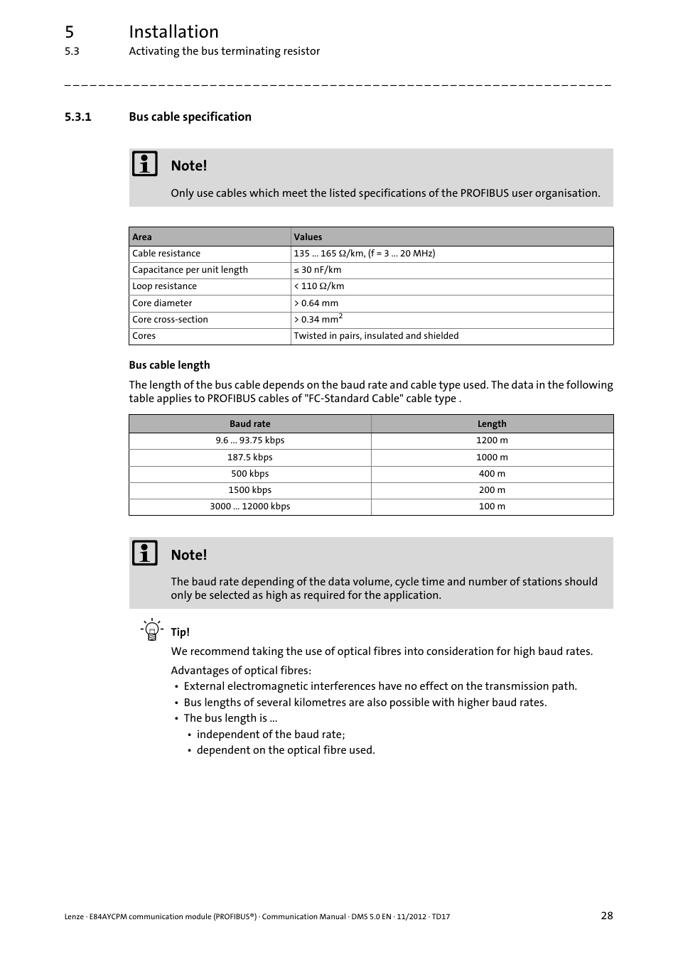 1 bus cable specification, Bus cable specification, 5installation | Lenze E84AYCPM User Manual | Page 28 / 115