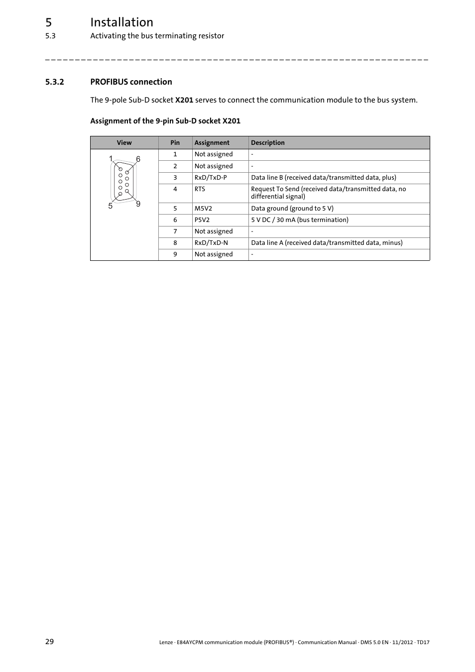 2 profibus connection, Profibus connection, Profibus connection ( 29) | 5installation | Lenze E84AYCPM User Manual | Page 29 / 115