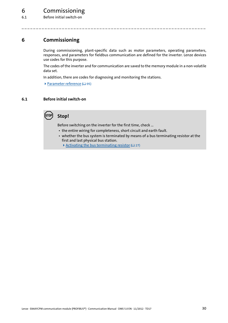 6 commissioning, 1 before initial switch-on, Commissioning | Before initial switch-on, 6commissioning | Lenze E84AYCPM User Manual | Page 30 / 115