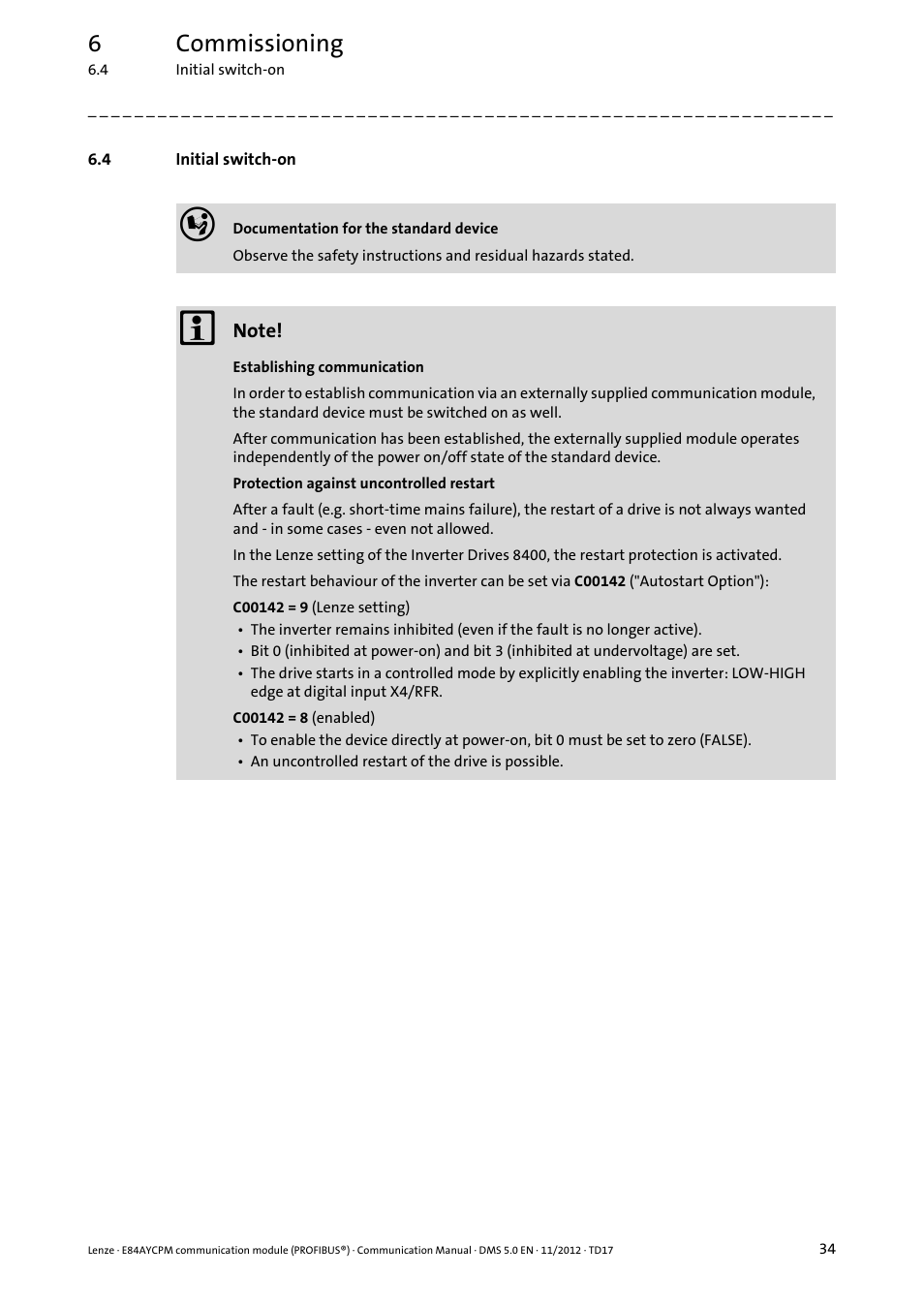 4 initial switch-on, Initial switch-on, 6commissioning | Lenze E84AYCPM User Manual | Page 34 / 115