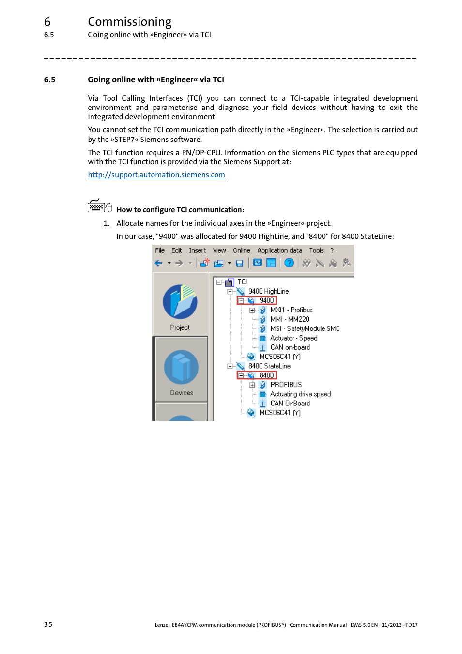 5 going online with »engineer« via tci, Going online with »engineer« via tci, 6commissioning | Lenze E84AYCPM User Manual | Page 35 / 115