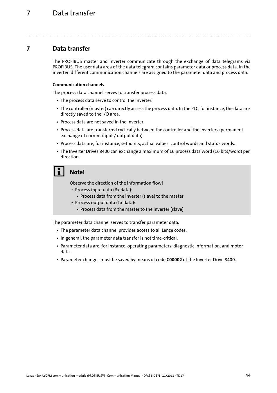 7 data transfer, Data transfer, 7data transfer | Lenze E84AYCPM User Manual | Page 44 / 115