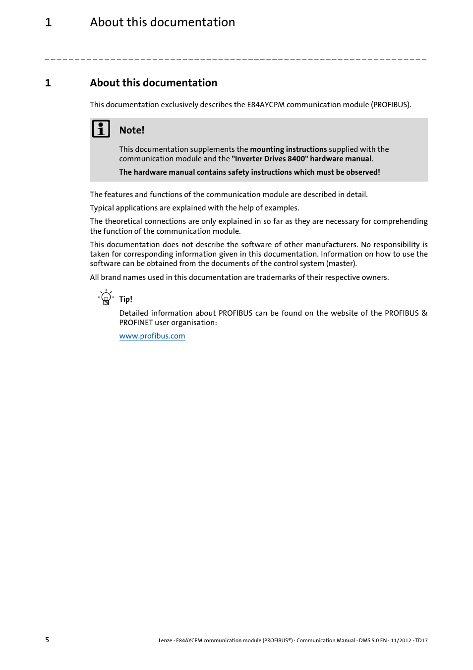 1 about this documentation, About this documentation, 1about this documentation | Lenze E84AYCPM User Manual | Page 5 / 115