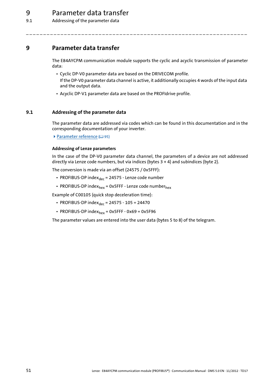 9 parameter data transfer, 1 addressing of the parameter data, Parameter data transfer | Addressing of the parameter data, 9parameter data transfer | Lenze E84AYCPM User Manual | Page 51 / 115