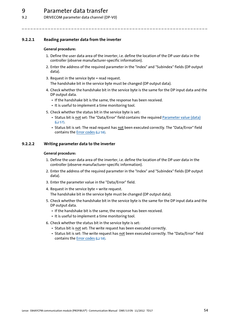 1 reading parameter data from the inverter, 2 writing parameter data to the inverter, Reading parameter data from the inverter | Writing parameter data to the inverter, Reading parameter data from the inverter ( 54), Writing parameter data to the inverter ( 54), 9parameter data transfer | Lenze E84AYCPM User Manual | Page 54 / 115