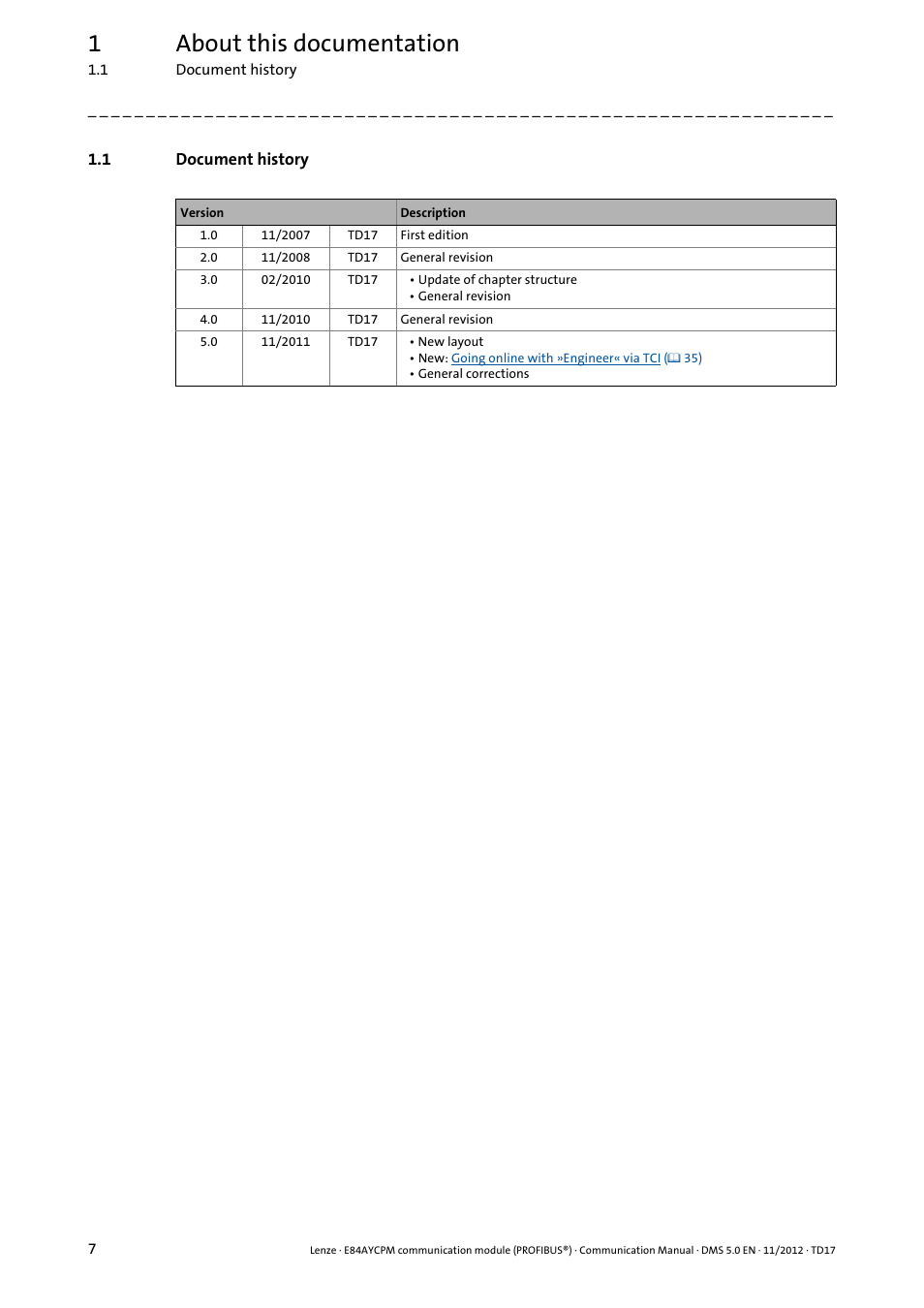 1 document history, Document history, 1about this documentation | Lenze E84AYCPM User Manual | Page 7 / 115