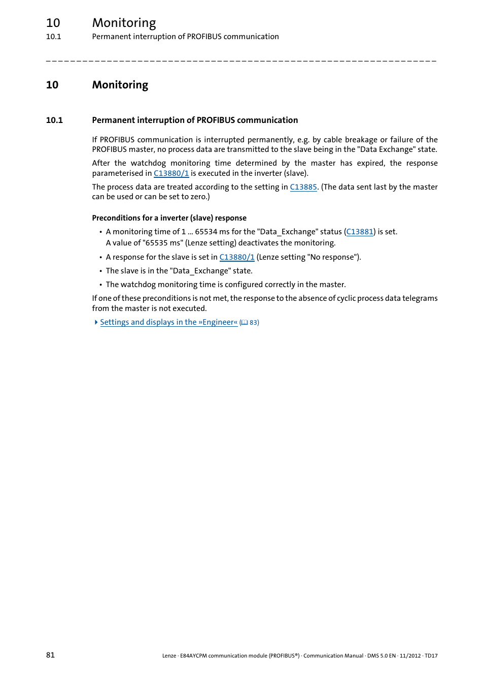 10 monitoring, 1 permanent interruption of profibus communication, Monitoring | Lenze E84AYCPM User Manual | Page 81 / 115
