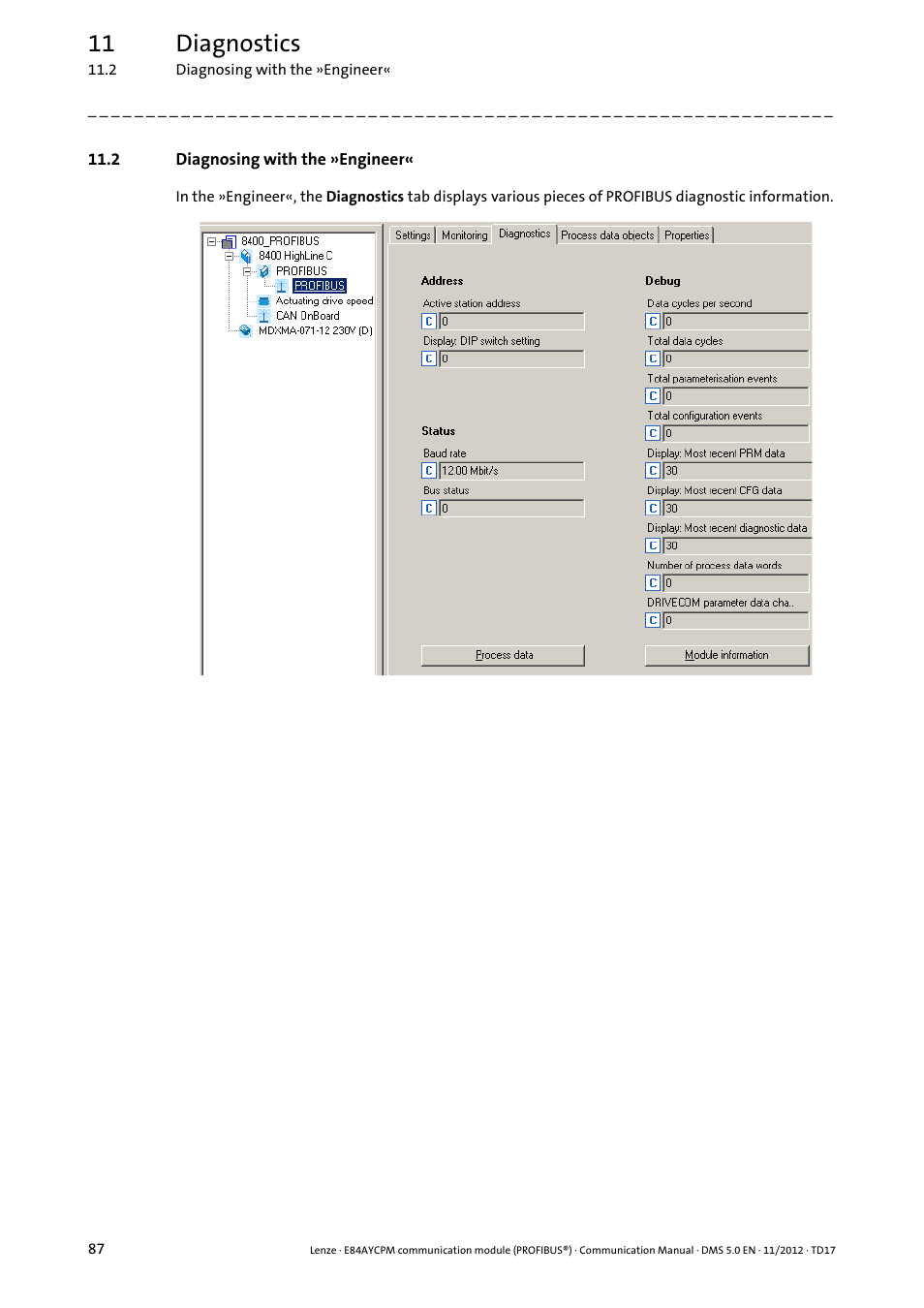 2 diagnosing with the »engineer, 11 diagnostics | Lenze E84AYCPM User Manual | Page 87 / 115