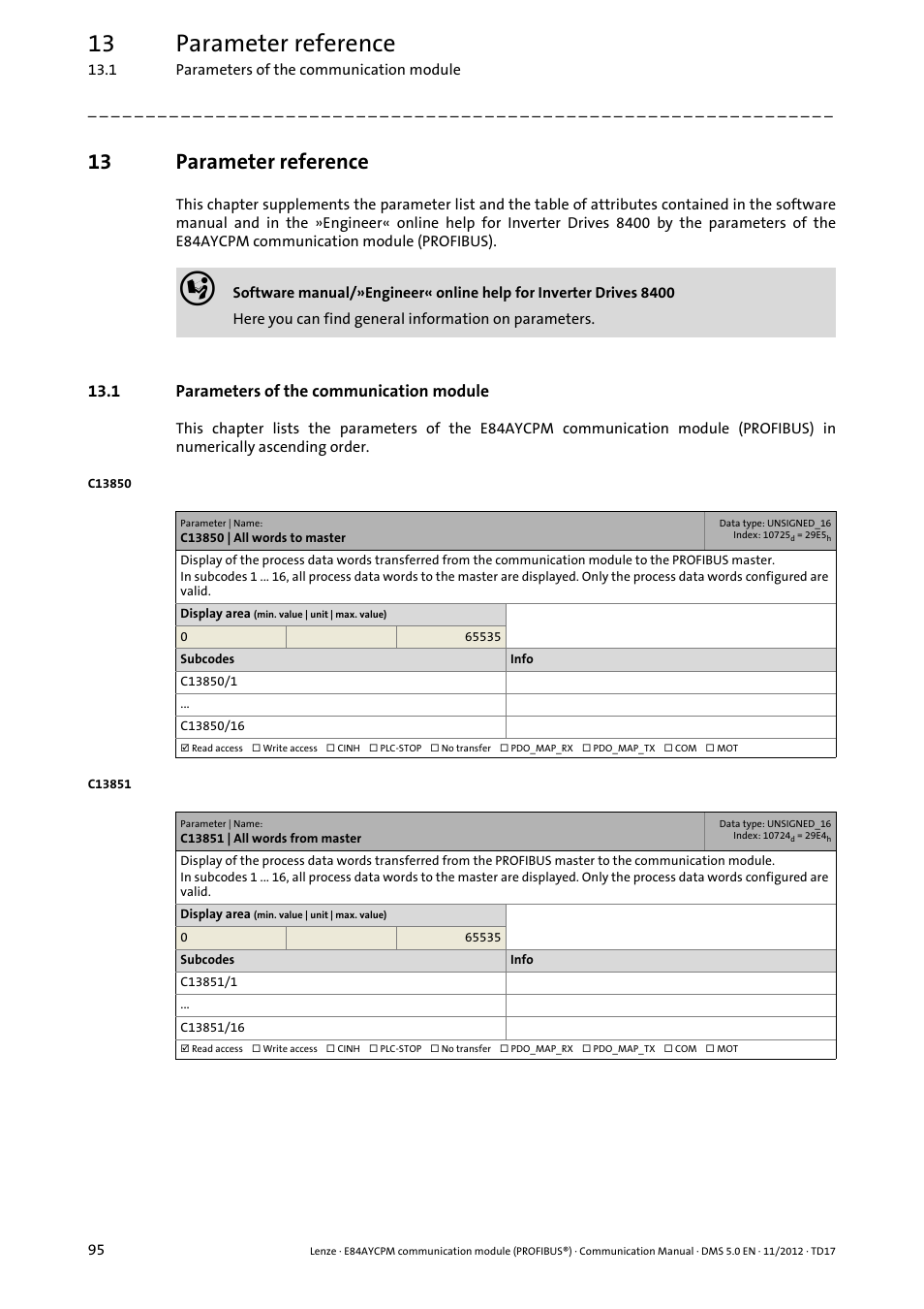 13 parameter reference, 1 parameters of the communication module, C13850 | all words to master | C13851 | all words from master, Parameter reference | Lenze E84AYCPM User Manual | Page 95 / 115
