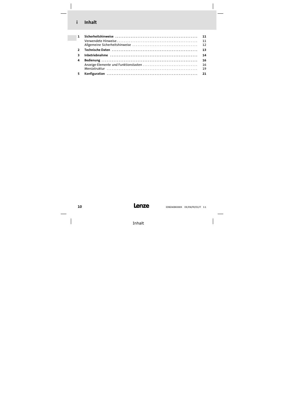 Inhalt, Iinhalt | Lenze EZAEBK2001 User Manual | Page 10 / 94
