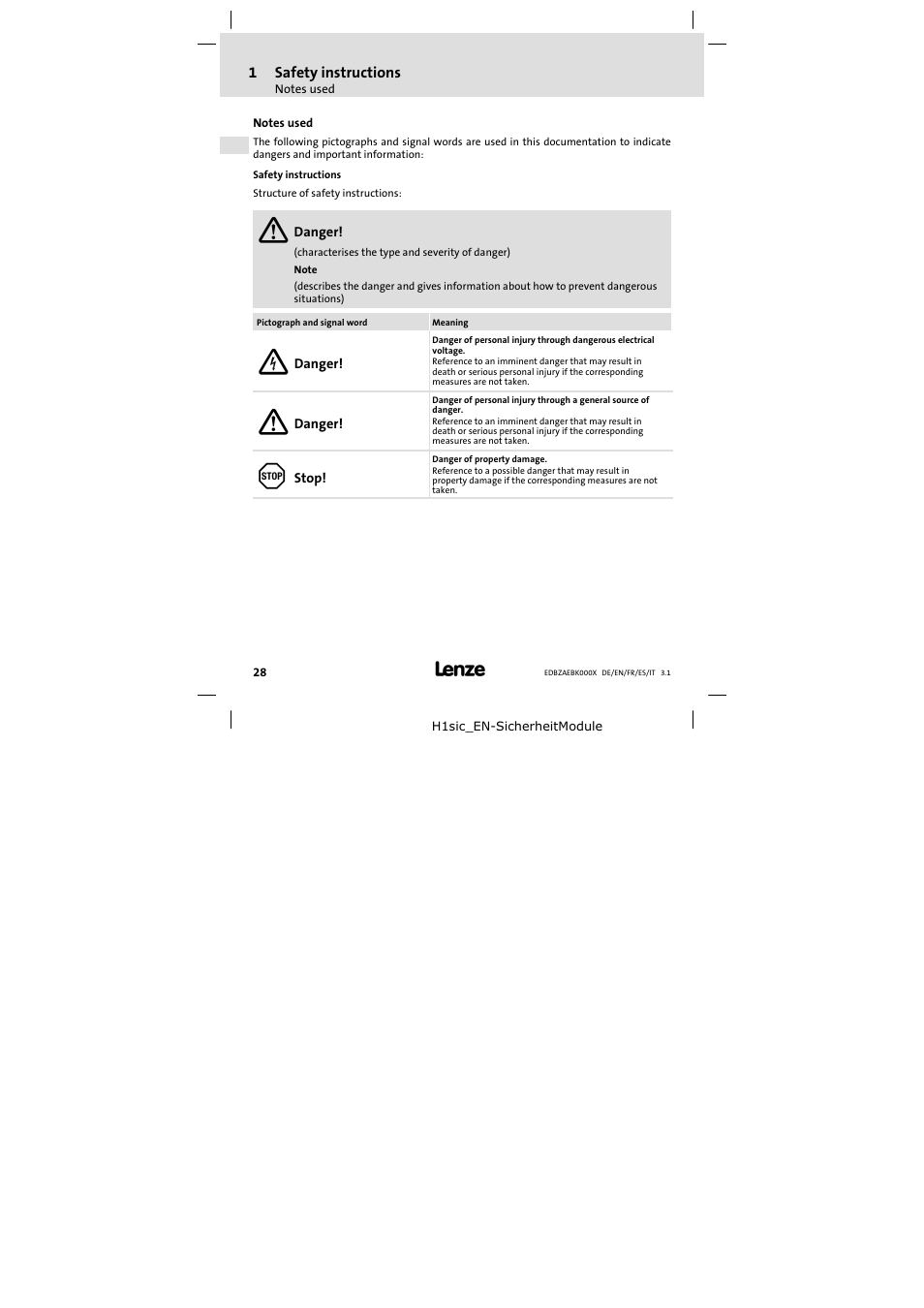 Safety instructions, Notes used | Lenze EZAEBK2001 User Manual | Page 28 / 94