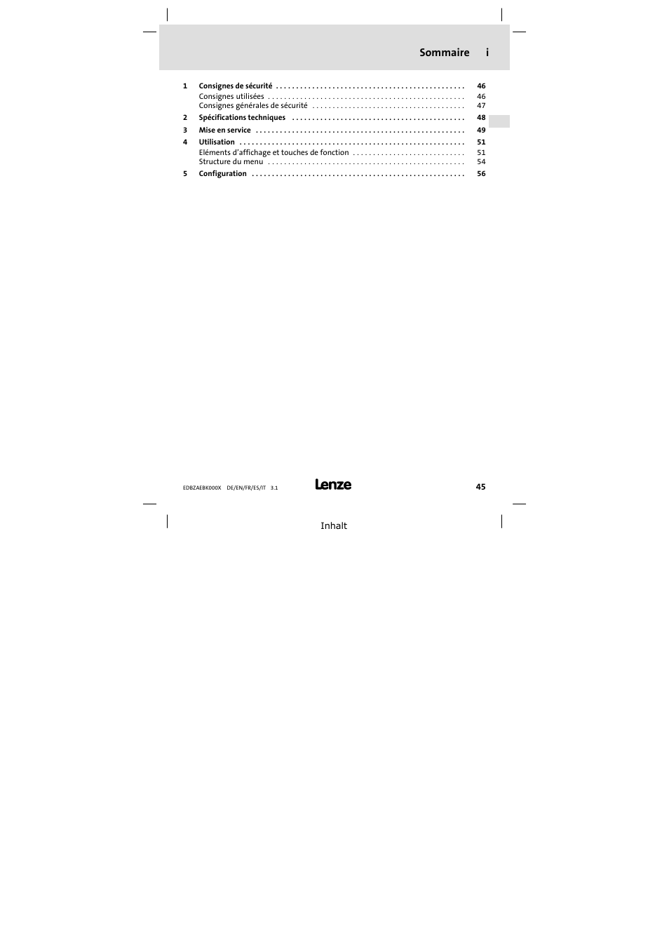 Sommaire, Sommaire i | Lenze EZAEBK2001 User Manual | Page 45 / 94