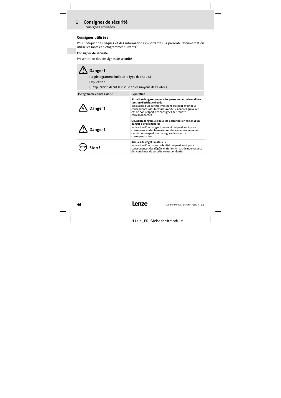 Consignes de sécurité, Consignes utilisées | Lenze EZAEBK2001 User Manual | Page 46 / 94