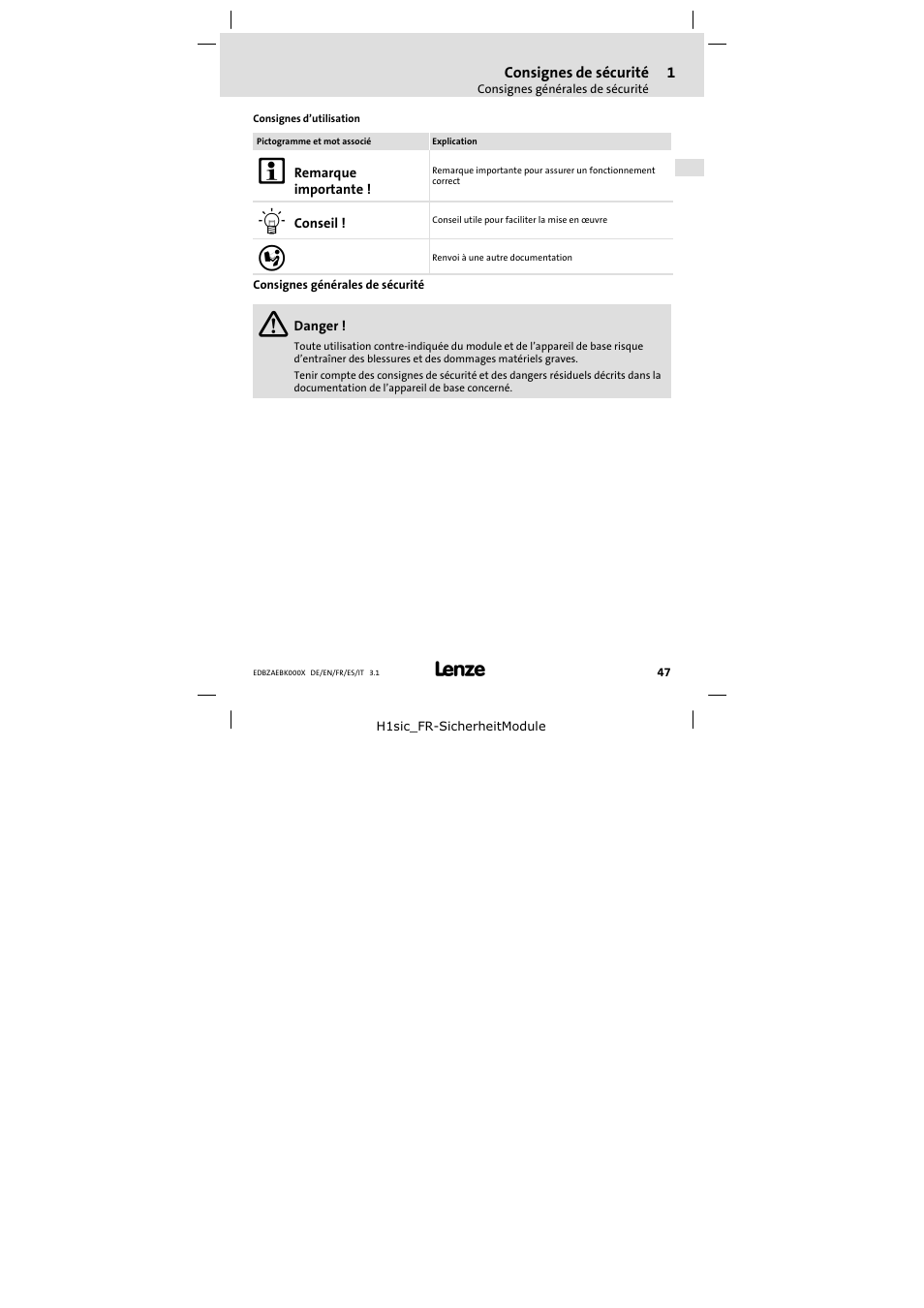 Consignes générales de sécurité | Lenze EZAEBK2001 User Manual | Page 47 / 94