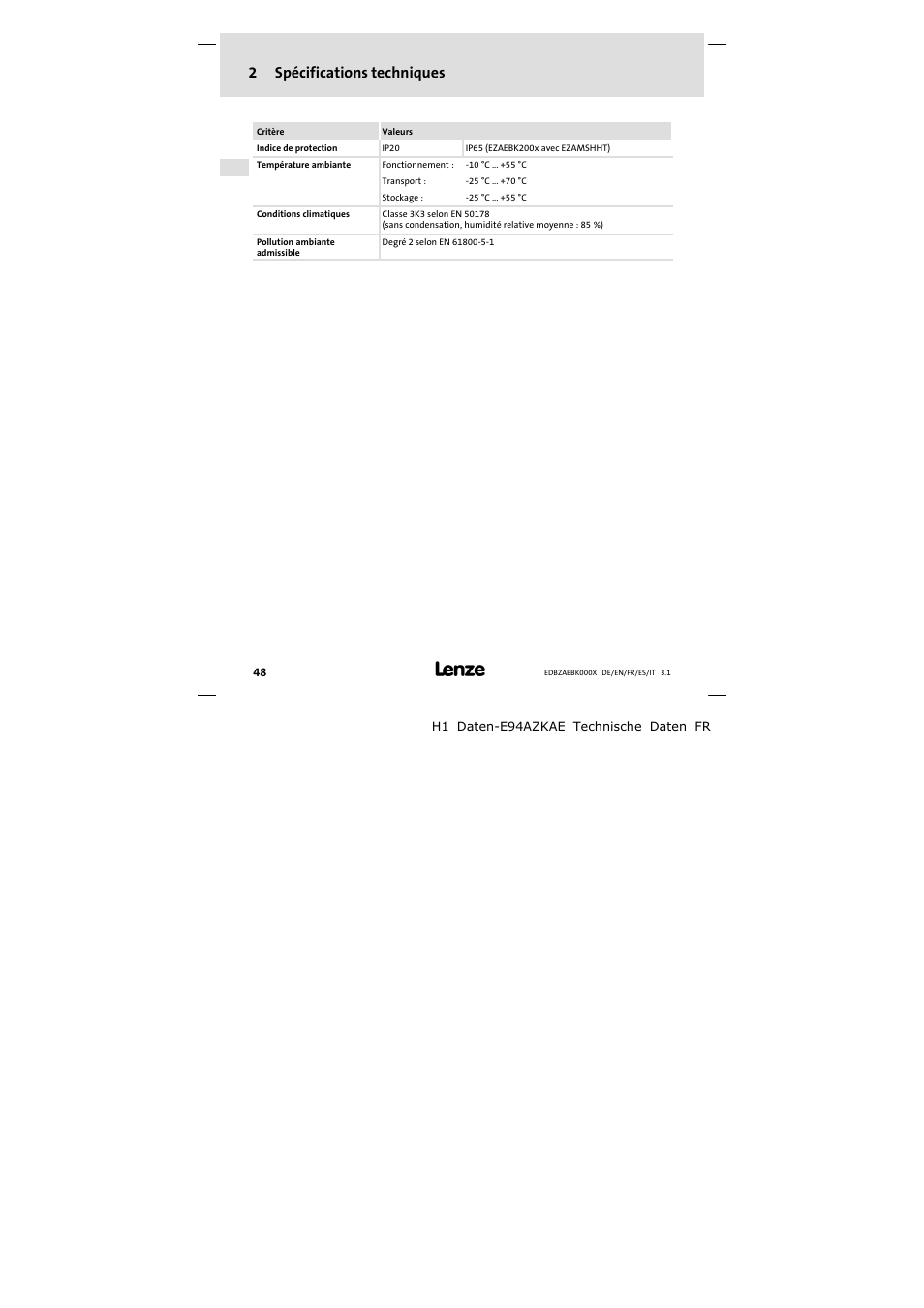 Spécifications techniques, 2spécifications techniques | Lenze EZAEBK2001 User Manual | Page 48 / 94