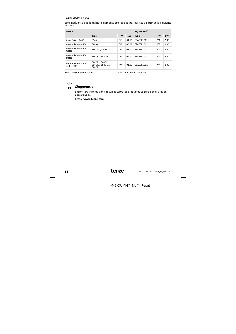 Posibilidades de uso, Sugerencia | Lenze EZAEBK2001 User Manual | Page 62 / 94