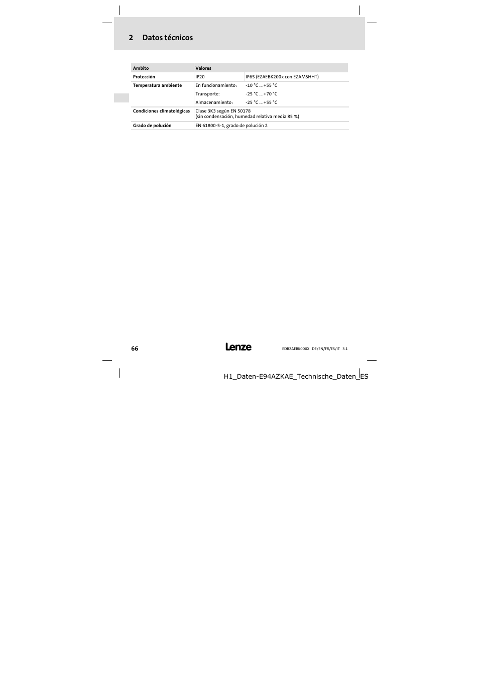 Datos técnicos, 2datos técnicos | Lenze EZAEBK2001 User Manual | Page 66 / 94