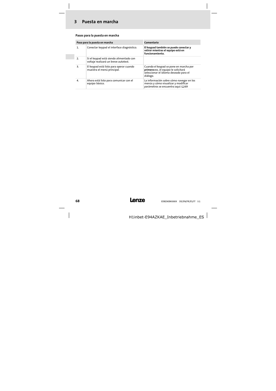 3puesta en marcha | Lenze EZAEBK2001 User Manual | Page 68 / 94