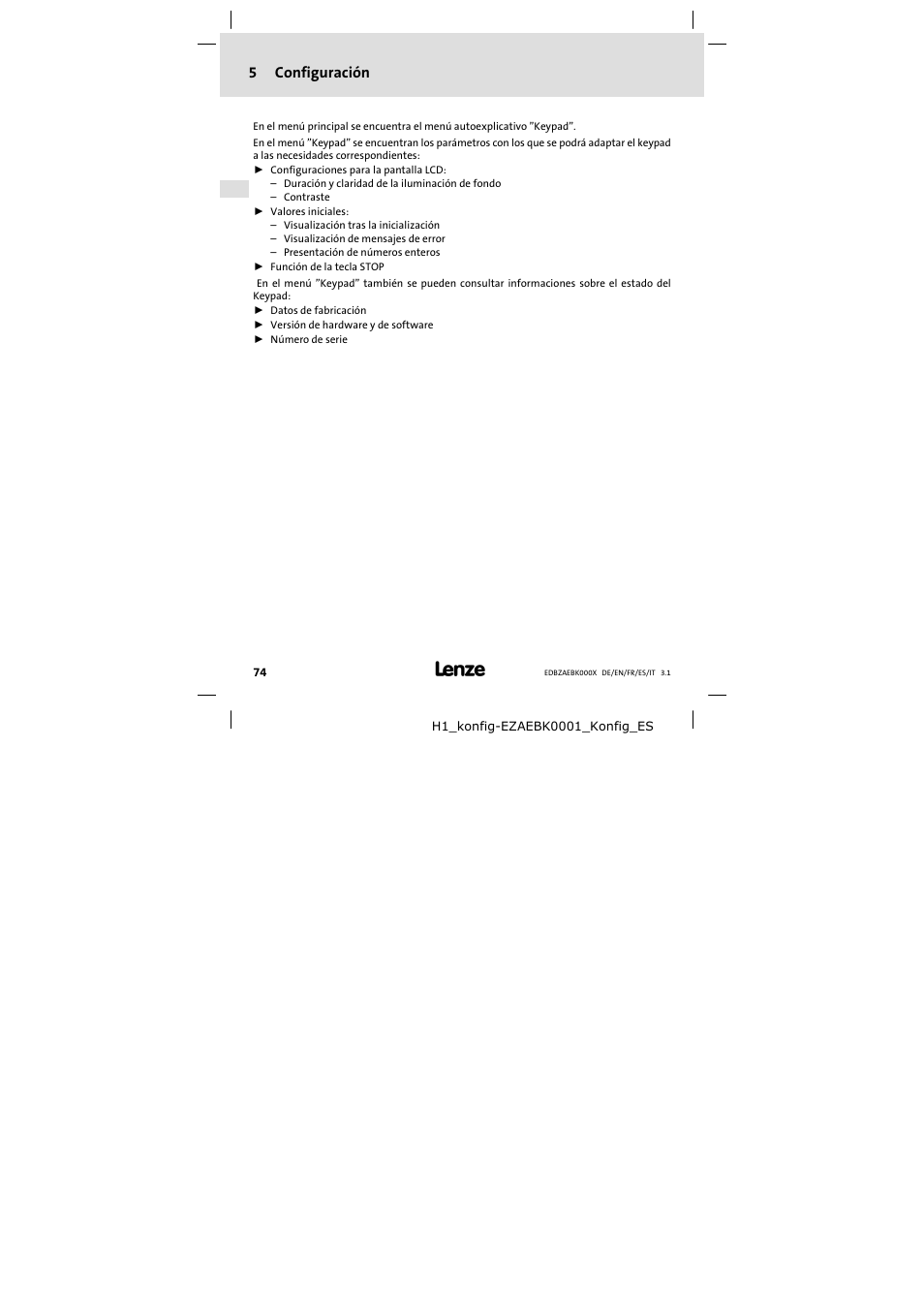 Configuración, 5configuración | Lenze EZAEBK2001 User Manual | Page 74 / 94