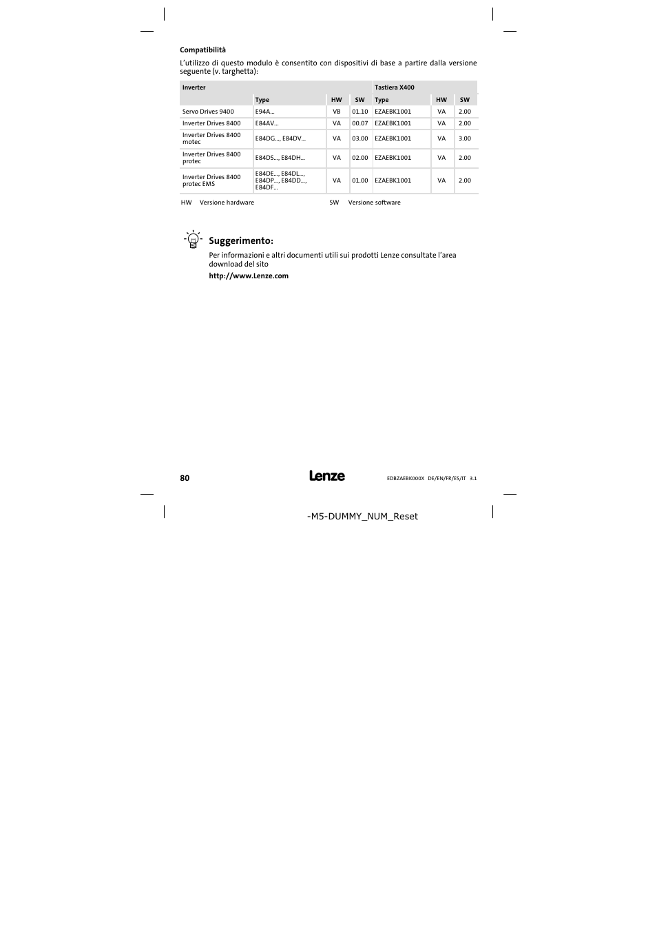 Compatibilità, Suggerimento | Lenze EZAEBK2001 User Manual | Page 80 / 94