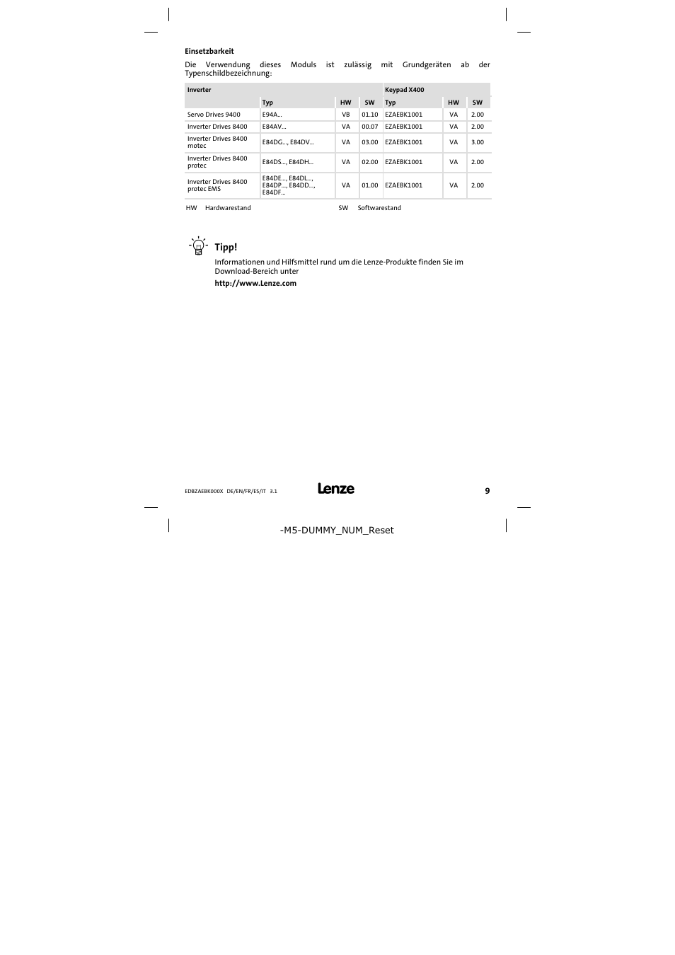 Einsetzbarkeit, Tipp | Lenze EZAEBK2001 User Manual | Page 9 / 94