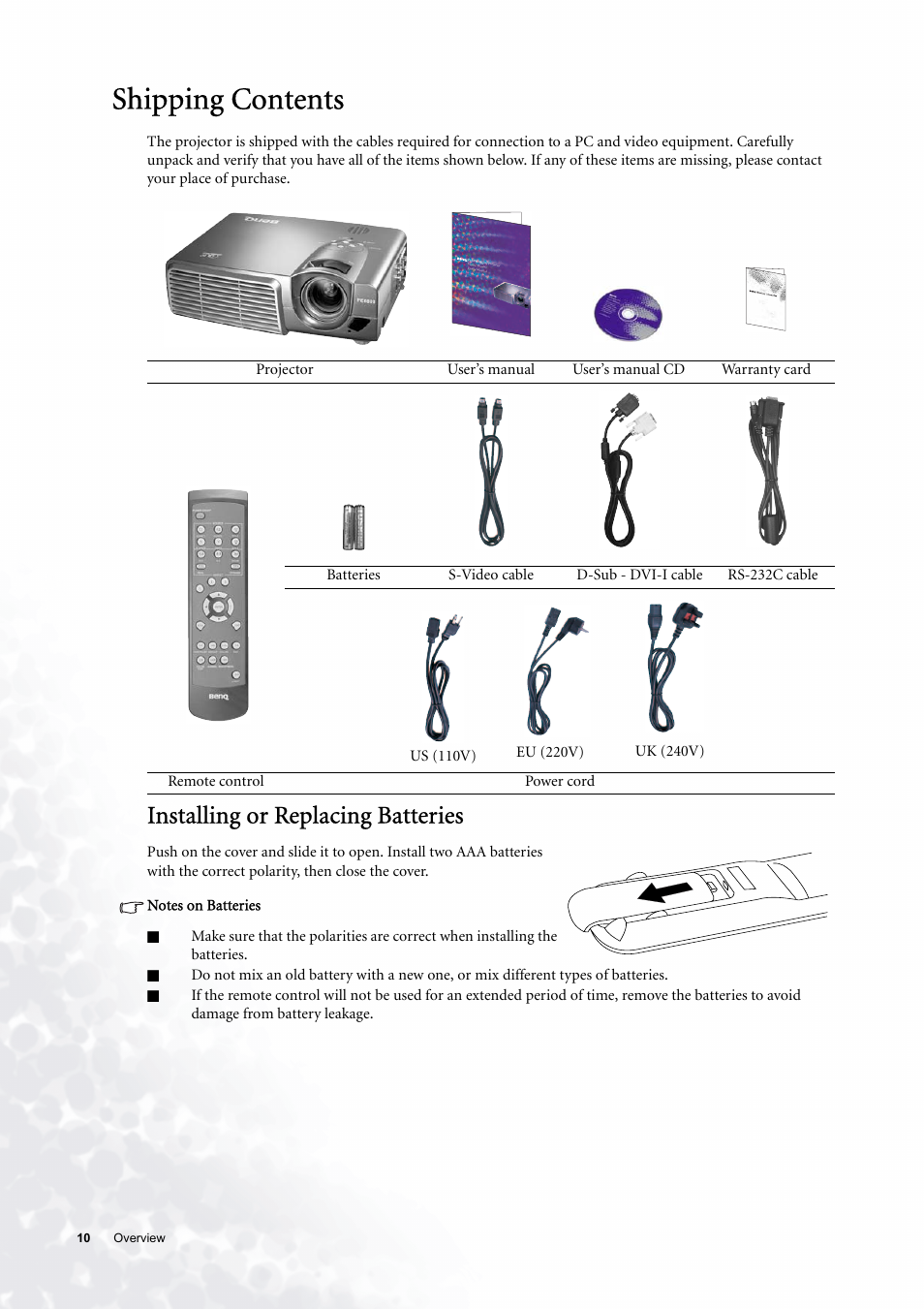 Shipping contents, Installing or replacing batteries | BenQ PE6800 User Manual | Page 10 / 33