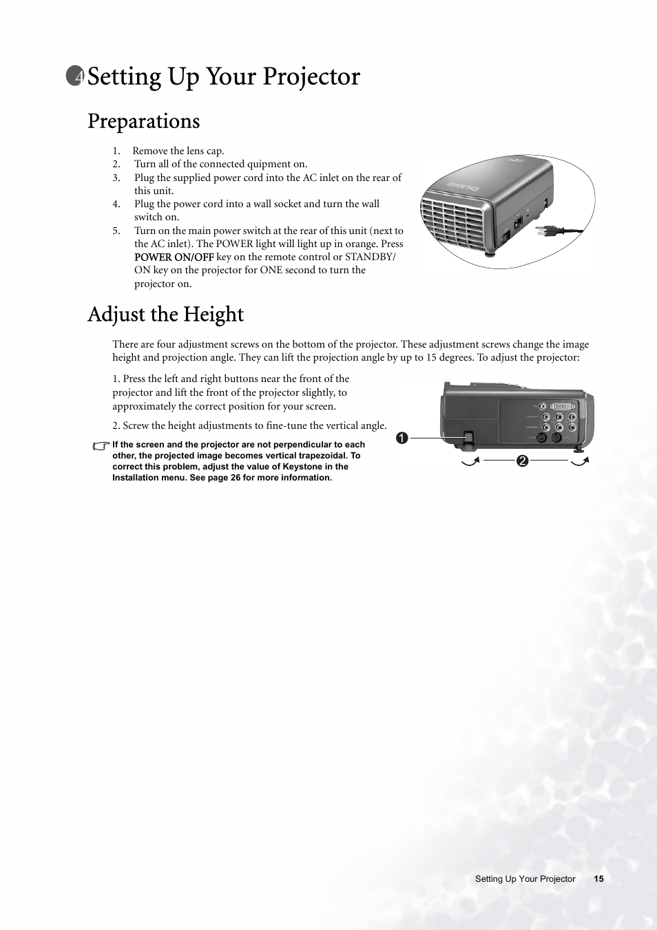 Setting up your projector, Preparations, Adjust the height | Preparations adjust the height | BenQ PE6800 User Manual | Page 15 / 33