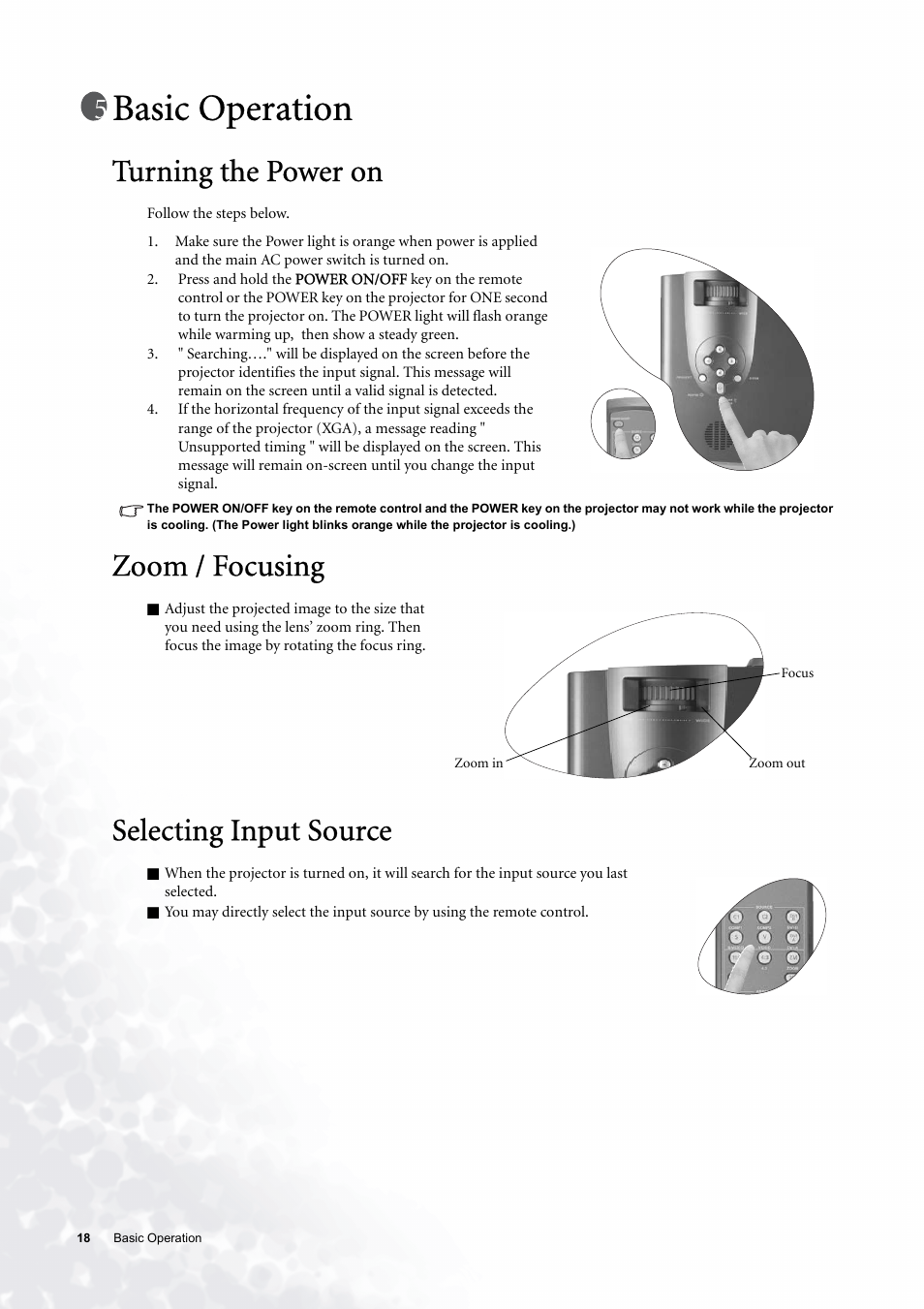 Basic operation, Turning the power on, Zoom / focusing | Selecting input source, S 18 and | BenQ PE6800 User Manual | Page 18 / 33