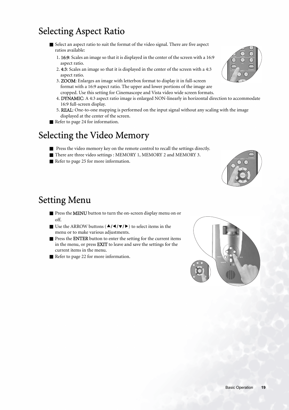 Selecting aspect ratio, Selecting the video memory, Setting menu | BenQ PE6800 User Manual | Page 19 / 33