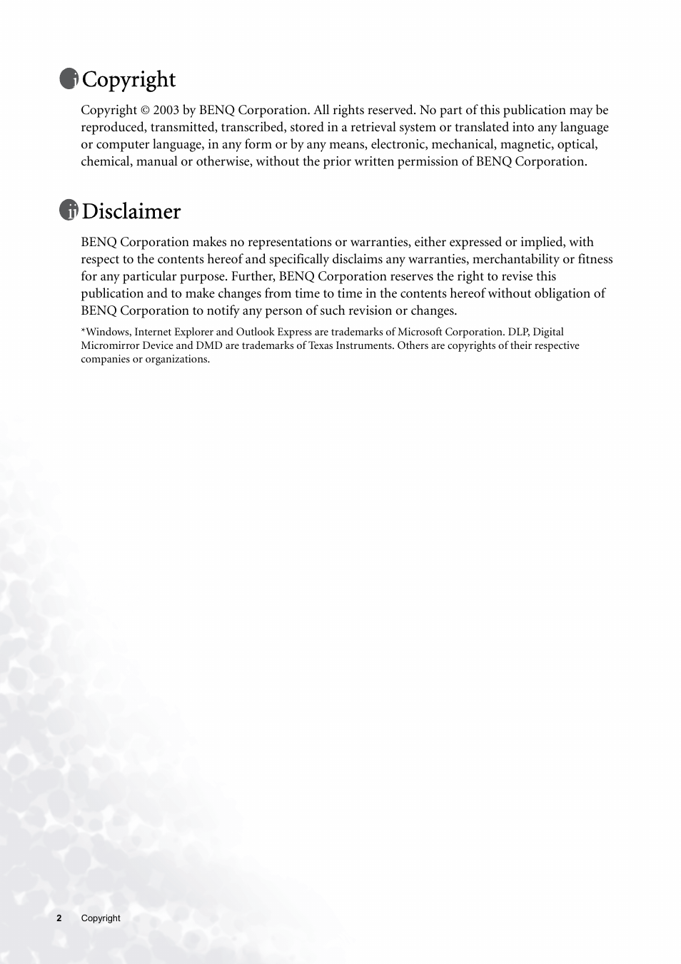 Copyright, Disclaimer | BenQ PE6800 User Manual | Page 2 / 33