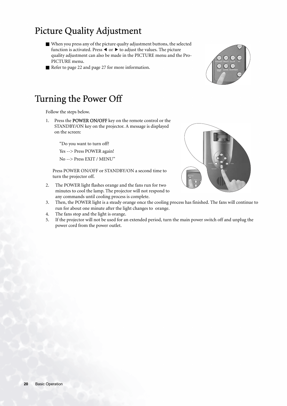Picture quality adjustment, Turning the power off, Picture quality adjustment turning the power off | BenQ PE6800 User Manual | Page 20 / 33