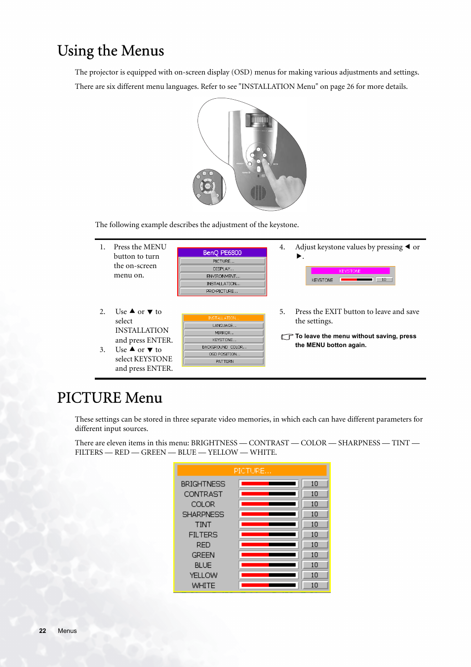 Using the menus, Picture menu | BenQ PE6800 User Manual | Page 22 / 33
