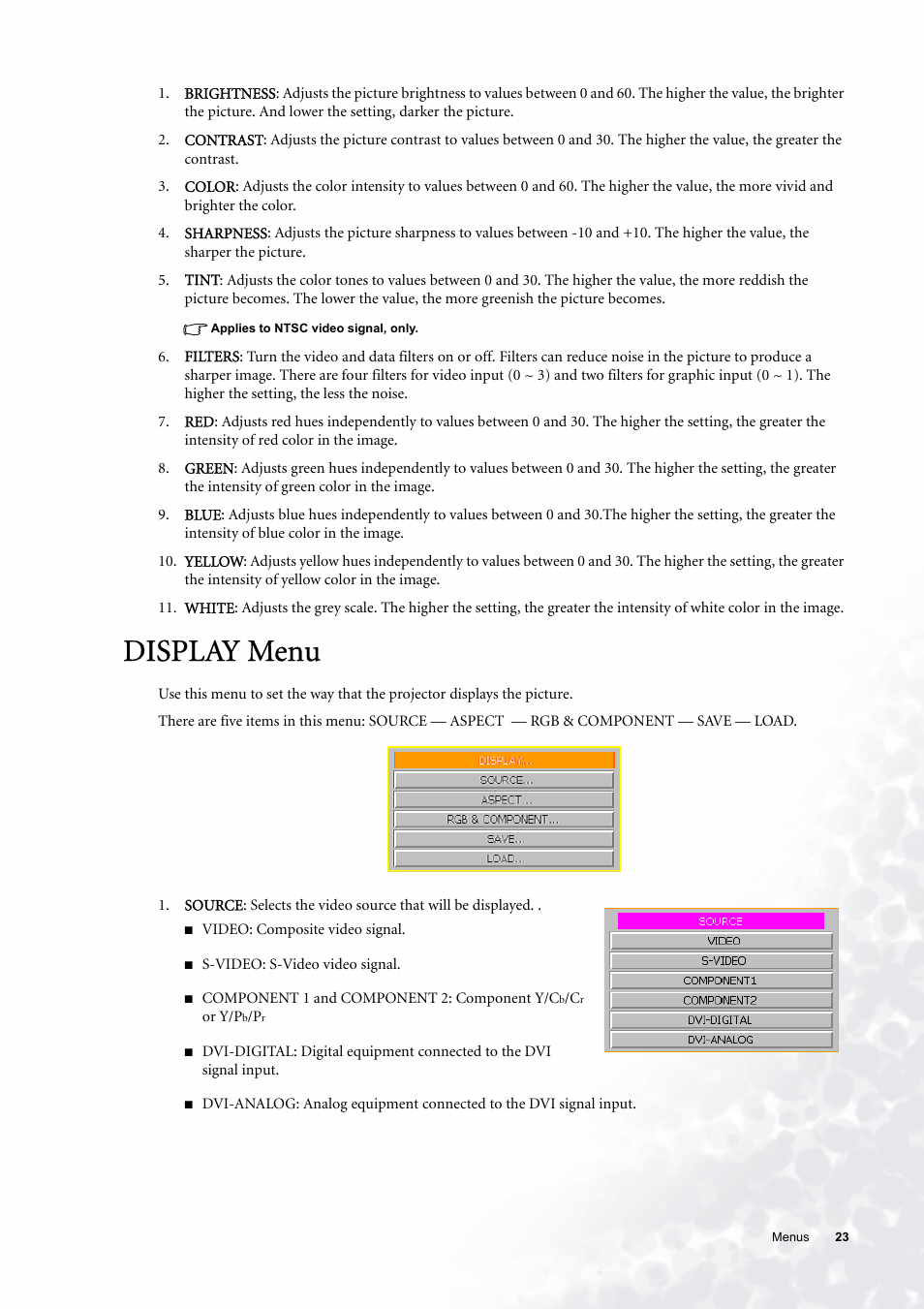 Display menu | BenQ PE6800 User Manual | Page 23 / 33