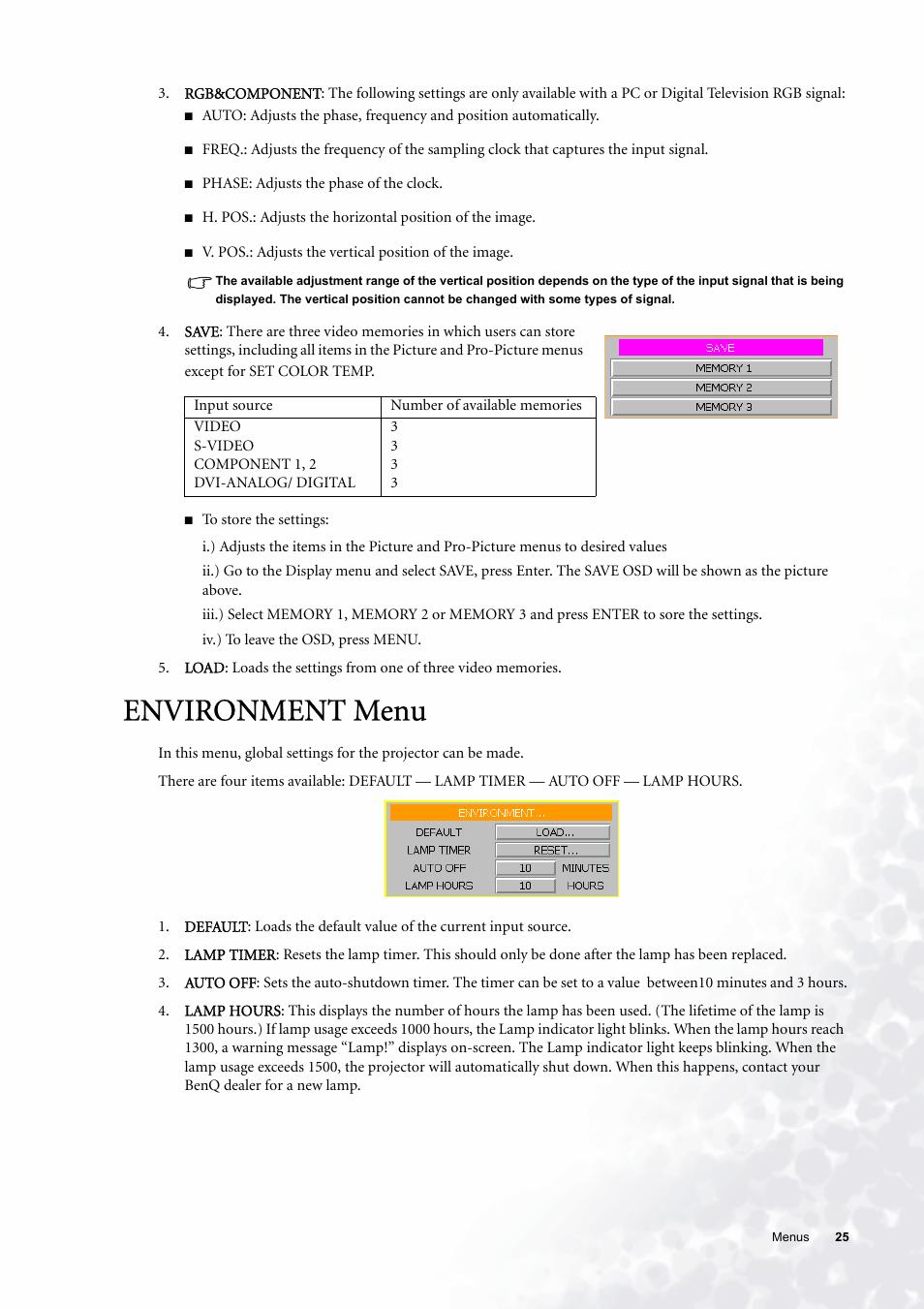 Environment menu | BenQ PE6800 User Manual | Page 25 / 33