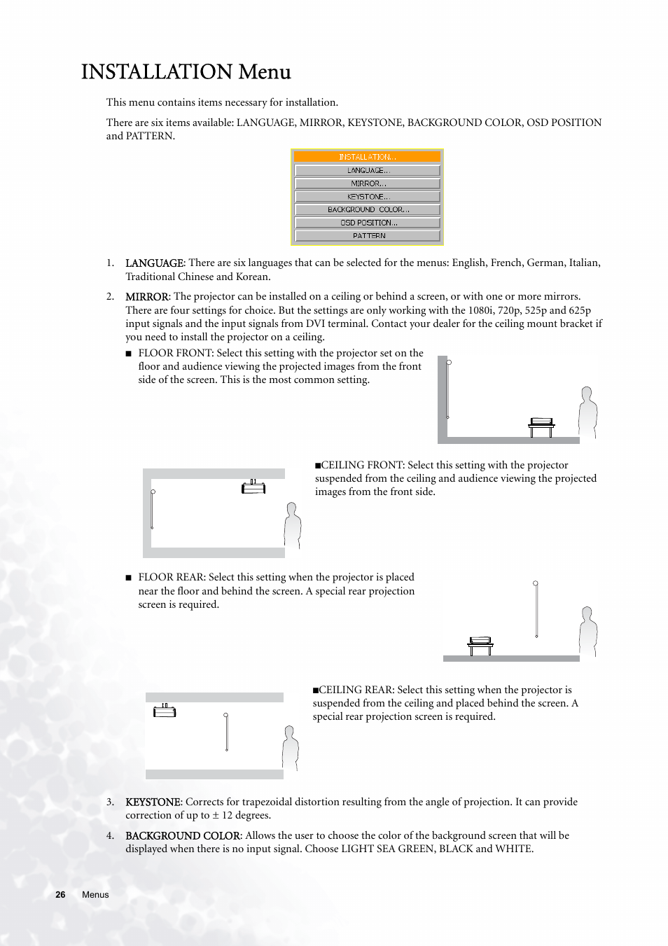 Installation menu | BenQ PE6800 User Manual | Page 26 / 33