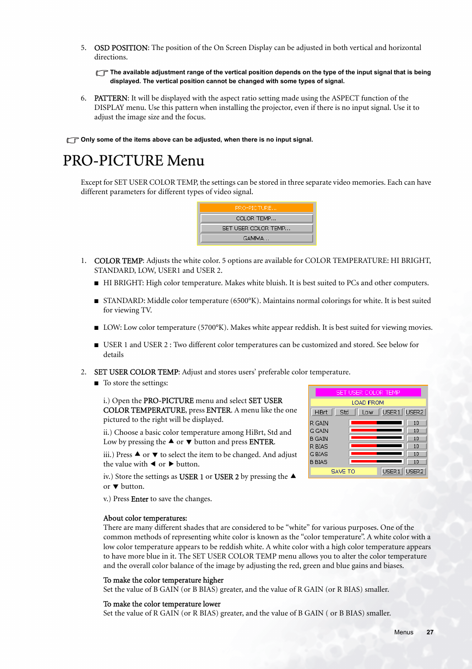 Pro-picture menu | BenQ PE6800 User Manual | Page 27 / 33