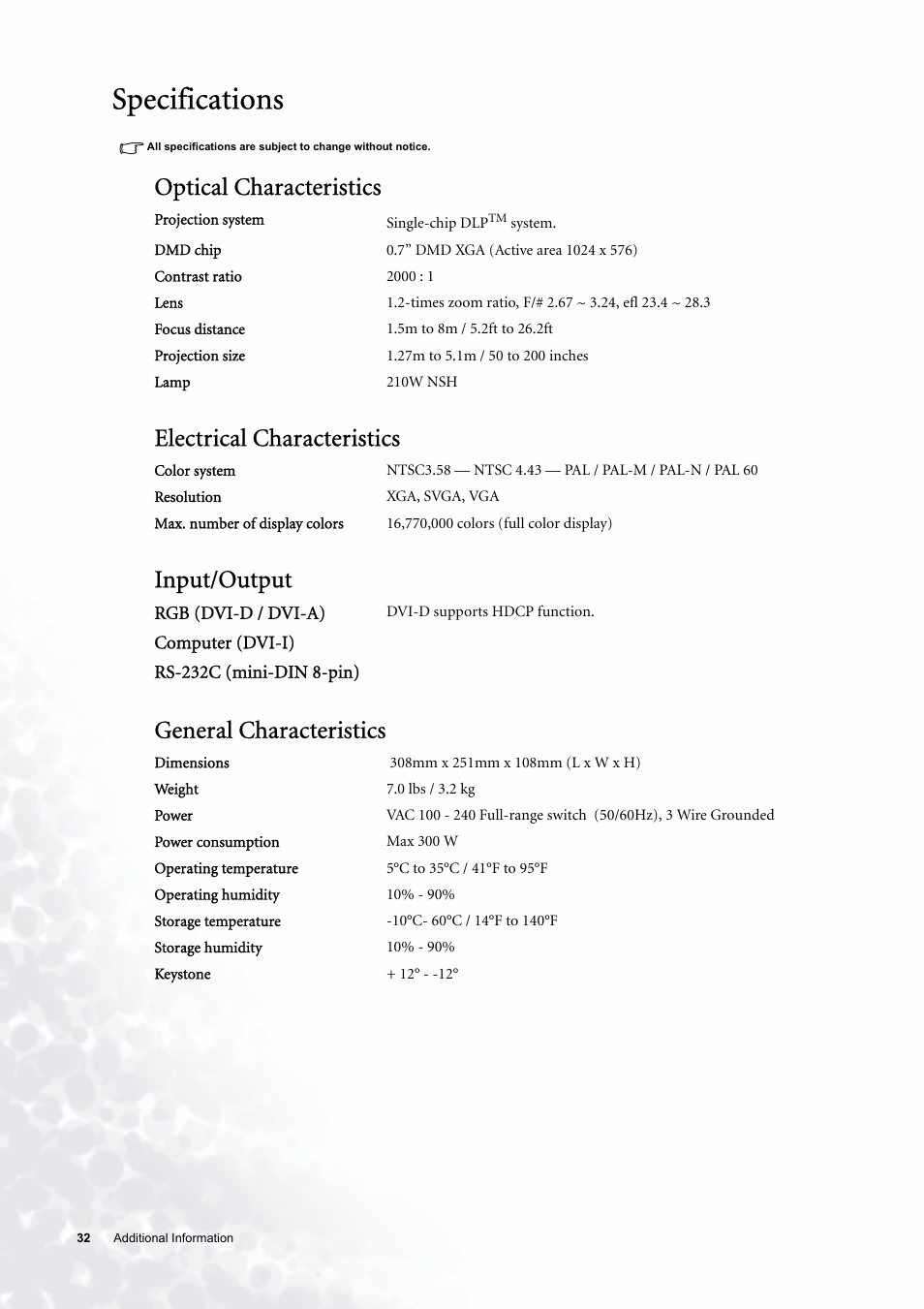 Specifications, Optical characteristics, Electrical characteristics | Input/output, General characteristics | BenQ PE6800 User Manual | Page 32 / 33