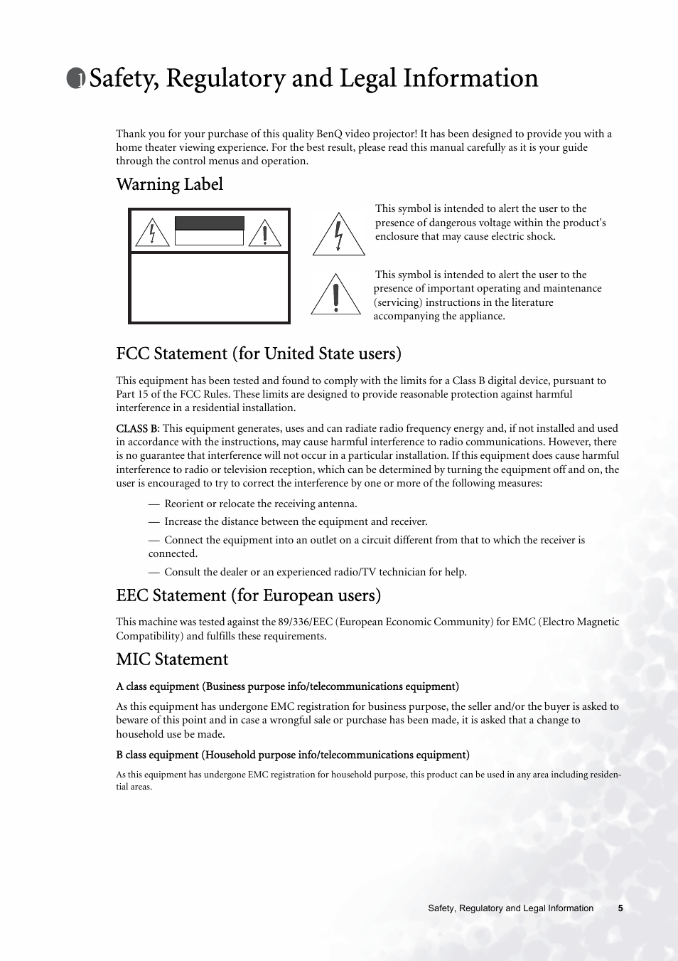Safety, regulatory and legal information, Warning label, Fcc statement (for united state users) | Eec statement (for european users), Mic statement | BenQ PE6800 User Manual | Page 5 / 33