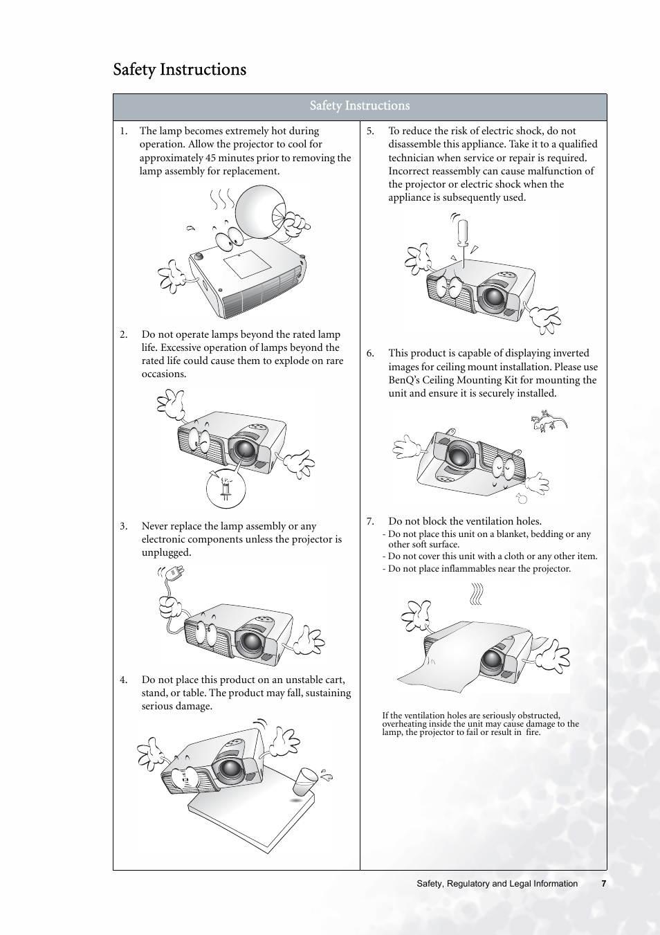 Safety instructions | BenQ PE6800 User Manual | Page 7 / 33