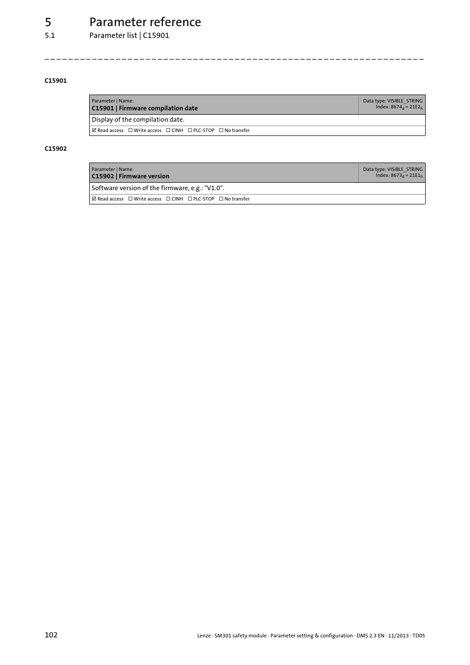 C15901 | firmware compilation date, C15902 | firmware version, 5parameter reference | Lenze E94AYAE SM301 User Manual | Page 102 / 134