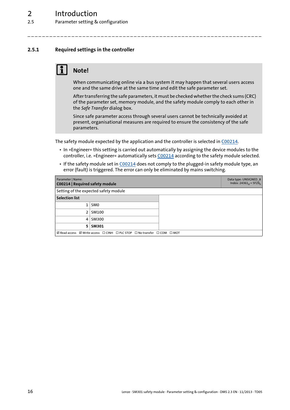 1 required settings in the controller, Required settings in the controller, 2introduction | Lenze E94AYAE SM301 User Manual | Page 16 / 134