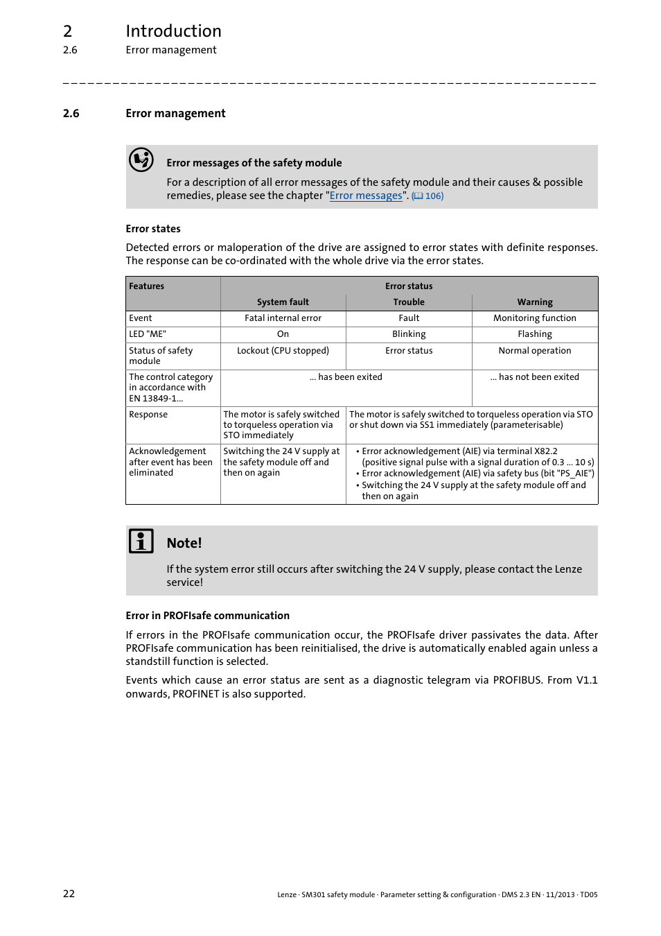 6 error management, Error management, 2introduction | Lenze E94AYAE SM301 User Manual | Page 22 / 134