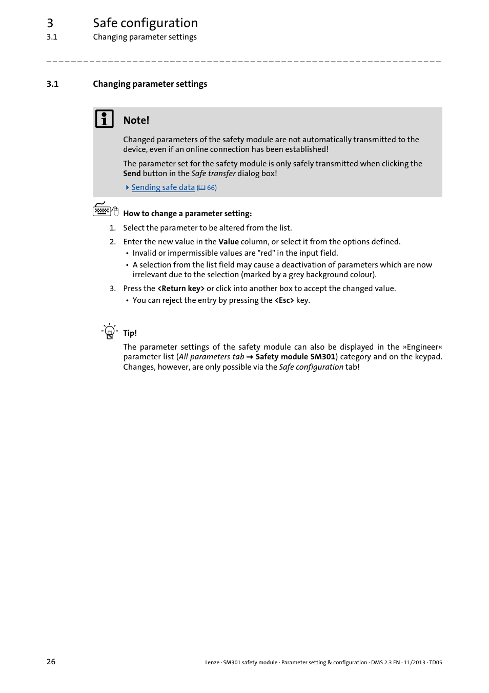 1 changing parameter settings, Changing parameter settings, 3safe configuration | Lenze E94AYAE SM301 User Manual | Page 26 / 134