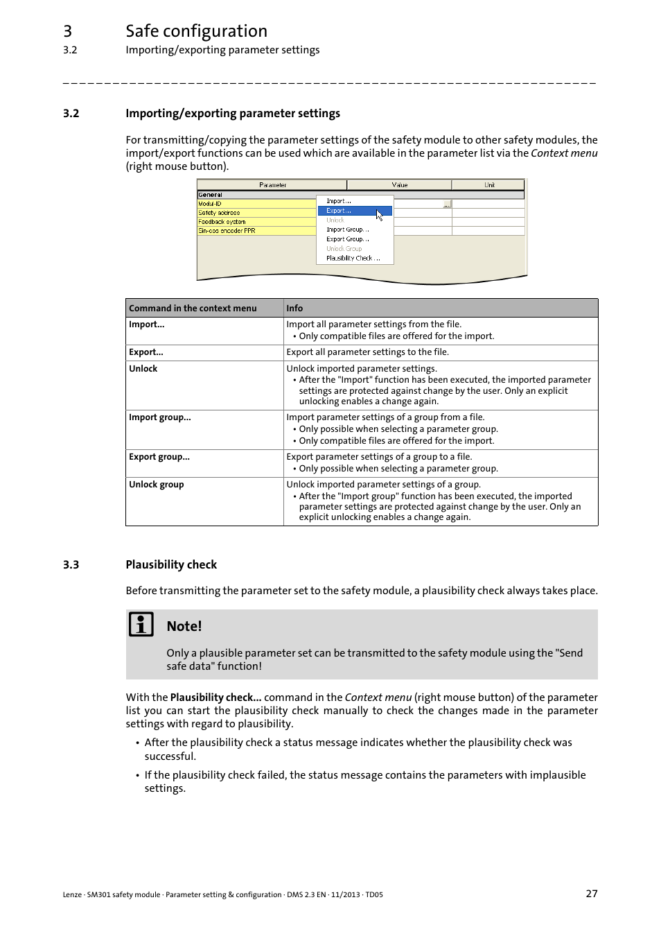 2 importing/exporting parameter settings, 3 plausibility check, Importing/exporting parameter settings | Plausibility check, 3safe configuration | Lenze E94AYAE SM301 User Manual | Page 27 / 134