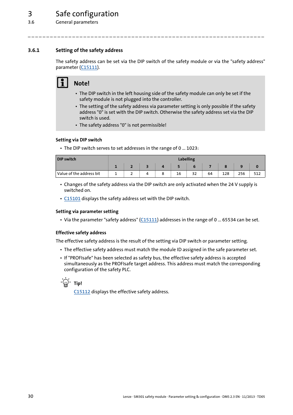 1 setting of the safety address, Setting of the safety address, 3safe configuration | Lenze E94AYAE SM301 User Manual | Page 30 / 134