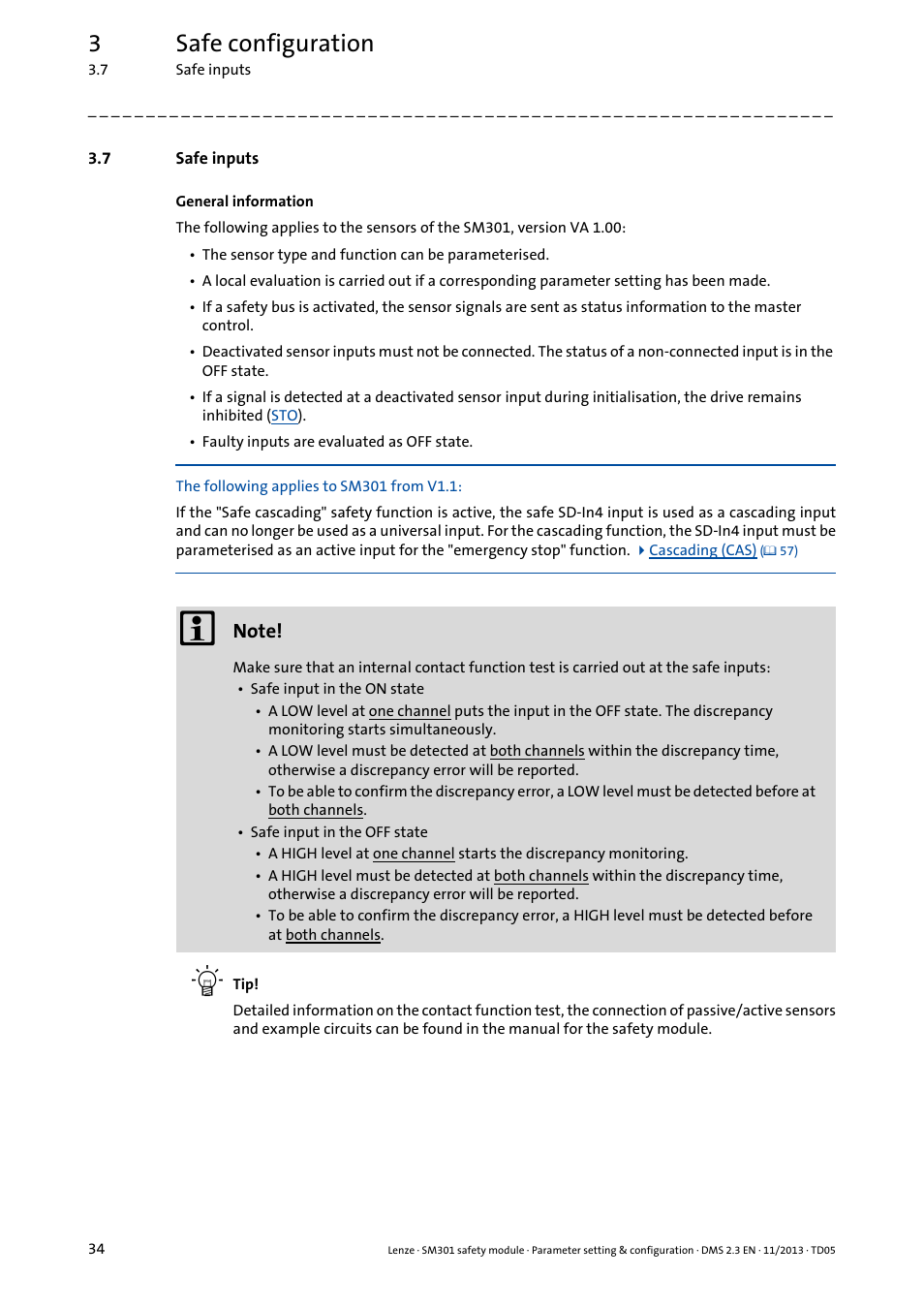 7 safe inputs, Safe inputs, 3safe configuration | Lenze E94AYAE SM301 User Manual | Page 34 / 134